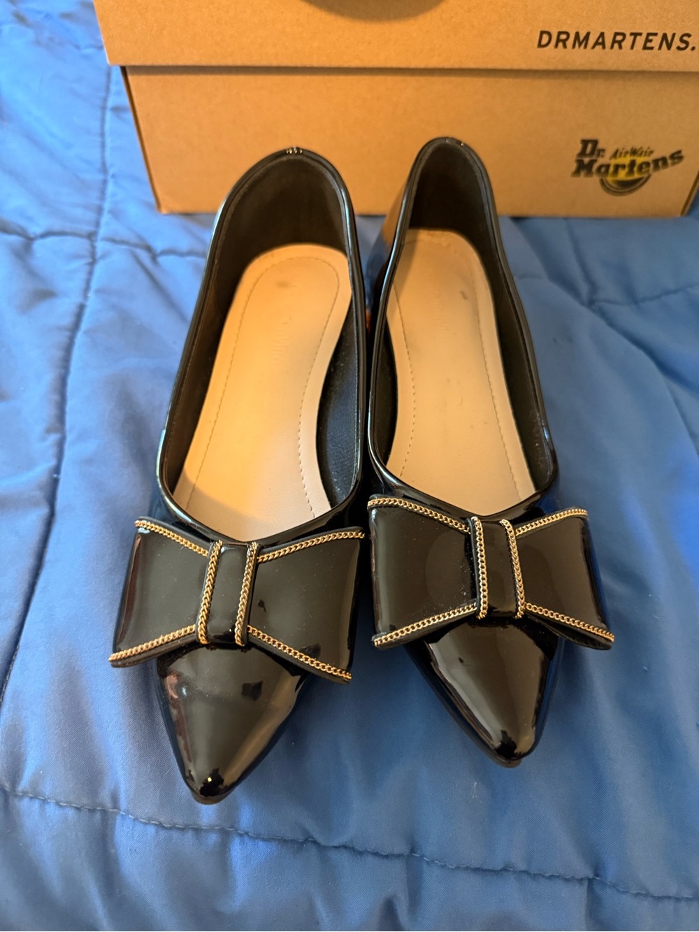 Black Patent Pointed Bow Flats with Gold Trim